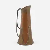 Tankard with bifurcated handle, model 214 by Stickley Brothers, c. 1910, hand-hammered copper, brass, wrought iron, sold Mar 2023