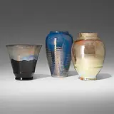 Pewabic Pottery, Collection of three vases, c. 1925, iridescent-glazed earthenware