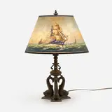 Adolph Frederick Durand for Pairpoint, Table lamp with three Spanish galleons at sea