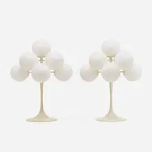 Swiss, table lamps, pair, c. 1960, enameled aluminum, frosted glass, enameled steel