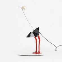 Bibibibi table lamp by Ingo Maurer, 1982, porcelain, enameled aluminum, rubber-coated polyurethane, steel wire, feather, plastic, sold Jan 2017