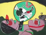 Guillaume Corneille, L' ete Eclater (Two Faces with Bird Symbol), 1979, lithograph printed in colors, pencil