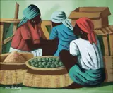Three Women at Market, undated by Claude Dambreville, oil on canvas, offered Mar 2025