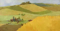 Abstracted Farmscape by Gary Jurysta, 1962, oil on canvas, offered Mar 2025