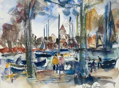 Roland Lefranc, Boats Along The River, watercolor and ink