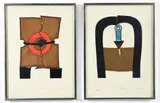 George Nama, Pair of prints from the Monuments portfolio series, 1973, mixed media monotypes, linocuts with watercolor on paper, each