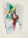 Itzchak Tarkay, Tea for Two, undated, color, lithograph on paper