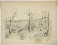 Sketch of a Maple Sugar Camp, Somerset Co., undated, c.1930s by Lila Hetzel, pencil on wove paper, offered Mar 2025