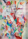 Commedia Dell'Arte Una Figura by Marie Tuicillo Kelly, 1980, collage of painted oil and mixed media paper, offered Mar 2025
