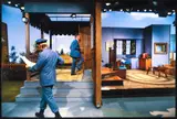 Speedy Learns His Lines (active moment on set with Mr. McFeely, the mailman from Speedy's Delivery Service, and Mister Rogers), color by Jim Judkis, photograph, taken 1980s, printed later, offered Mar 2025