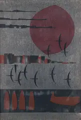 Birds Flying, 1965, color by Kunihiro Amano, woodcut, offered Mar 2025