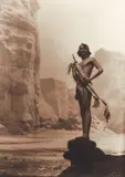 Son of Manuelito, Navajo [The Statue of the de Chelly], taken 1913, sepia tinted by Roland W. Reed, photograph on textured paper, Reed's signature and date printed in the, offered Mar 2025