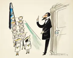Ludwig Bemelmans, Will you go in first, Miss Madeline - the original illustration for Madeline and the Bad Hat, c.1955-56, ink, pencil, gouache and watercolor on wove paper