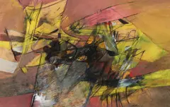 Abstract by Jack Madson, 1965, mixed media with gouache, pastel, chalk, India ink on brown paper, offered Dec 2024