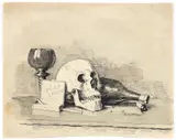 Lila Hetzel, Still Life With Skull, Wine Bottle, Goblet, Cigarettes and a Match, undated, c.1890s