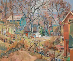 Backyards in Spring, 1959- by Henry Koerner, 1960, oil on canvas, offered Dec 2024