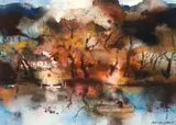 Boaters in Fall, undated by Nat H. Youngblood, watercolor on paper, offered Dec 2024