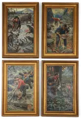 Griswold Tyng, Four Illustrations, Attacked by Wolves, Log Jam, Struck Gold, Captured Moonshiners, oil on canvas