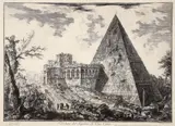 Veduta del Sepolcro di Cajo Cestio [Pyramind of Cestius] by Giovanni Battista Piranesi, etching on laid paper, impression, offered Oct 2024