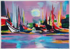 Marcel Mouly, Sailboats in Dock, lithograph printed in colors