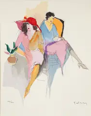 Itzchak Isaac Tarkay, Plate III from Les Parisiens series, color, lithograph on Arches paper. Depicting two seated women
