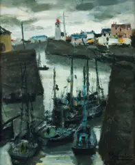 Eugène Baboulène, Orage sur le Port D’Honfleur [Storm in Honfleur Harbor], 1969, oil on canvas