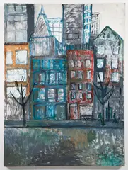 Louise Pershing, Urban Scene, undated, c.1960s or 1970s, oil on Masonite