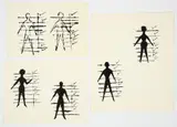 Andy Warhol, 6 Original Blotted Line Drawings for an Ad Campaign, on 3 sheets, showing male and female figures standing by measuring lines with check marks, 1952 or, 1953, ink on heavy wove paper