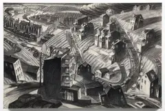 View of Mills from Hill District,1998, vine by Douglas Cooper, charcoal on paper on board, offered Sep 2024