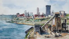From The Birmingham Bridge (study) by Cynthia Cooley, 1988, ink and watercolor, offered Sep 2024