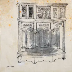 Museum Piece, undated, likely 1980s by Harry M. Schwalb, ink and gouache on Natusme rice paper, offered Sep 2024