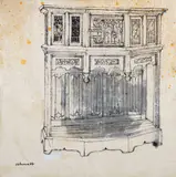 Harry M. Schwalb, Museum Piece, undated, likely 1980s, ink and gouache on Natusme rice paper