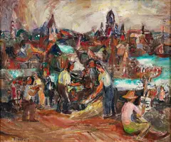 Waterfront with Artist and Boats in Gloucester, Massachusetts by Theresa Bernstein, oil on canvasboard, offered Sep 2024