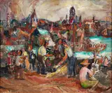 Theresa Bernstein, Waterfront with Artist and Boats in Gloucester, Massachusetts