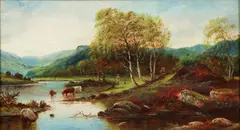 William James Smith Crampton, Landscape with Stream, Figures, Dog, Cattle, and Birds in Flight, c., oil on board