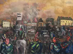 Benjamin Kopman, Soldiers on Outskirts of Town, 1938, oil and mixed media on canvas wrapped around a board