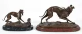 after Pierre Jules Mene, Pair of cast, bronze sculptures: Whippet Catches a Snake and Whippet and the Birds Nest, undated