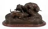 after Pierre Jules Mene, Three Dogs at the Hunt, undated, cast, bronze sculpture
