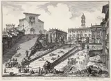 Veduta del Romano Campidoglio con Scalinata che va alla Chiesa d'Araceli [Capitoline Hill with the Steps to S. Maria in Aracoeli] by Giovanni Battista Piranesi, etching on laid paper, oval shaped watermark in the center right, impression, offered Sep 2024