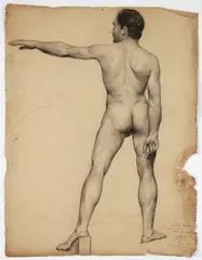Male Nude Study by Édouard Sain, 1847, charcoal drawing on handmade paper, offered Sep 2024