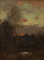 Dwight William Tryon, Tonalist Landscape at Night, possibly titled Late October, 1887, oil on wood panel