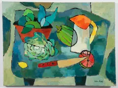 Sill Life with Fruit, Veg, and Pitcher by Barbara Austin, oil on canvas, offered Aug 2024