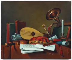 Musical Still Life by D. Thompson, oil on canvas, offered Aug 2024
