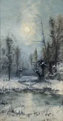 Untitled by E. Wentz, oil on canvas moonlit winter landscape 1904, offered Aug 2024