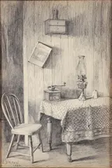 Kitchen Interior by Lila Hetzel, 1942, pencil on thin card, offered Aug 2024