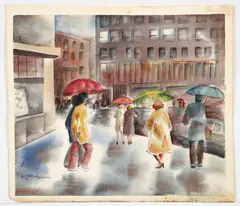 Downtown Shoppers by Ruth G. Richardson, watercolor on paper, offered Aug 2024