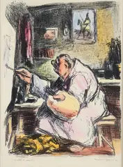Benjamin Kopman, Old Artist at Work, 1946, hand colored, lithograph