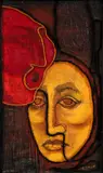 Cynthia Taylor Krich, Head of a Woman with Red Hat, mixed media, yarn, and fabric on wood panel
