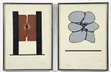 George Nama, Pair of prints from the Monuments portfolio series, 1973, mixed media monotypes, linocuts with watercolor on paper, each