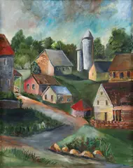 Village Scene by E.H. McHenry, oil on board, mid to late 20th century, offered Aug 2024